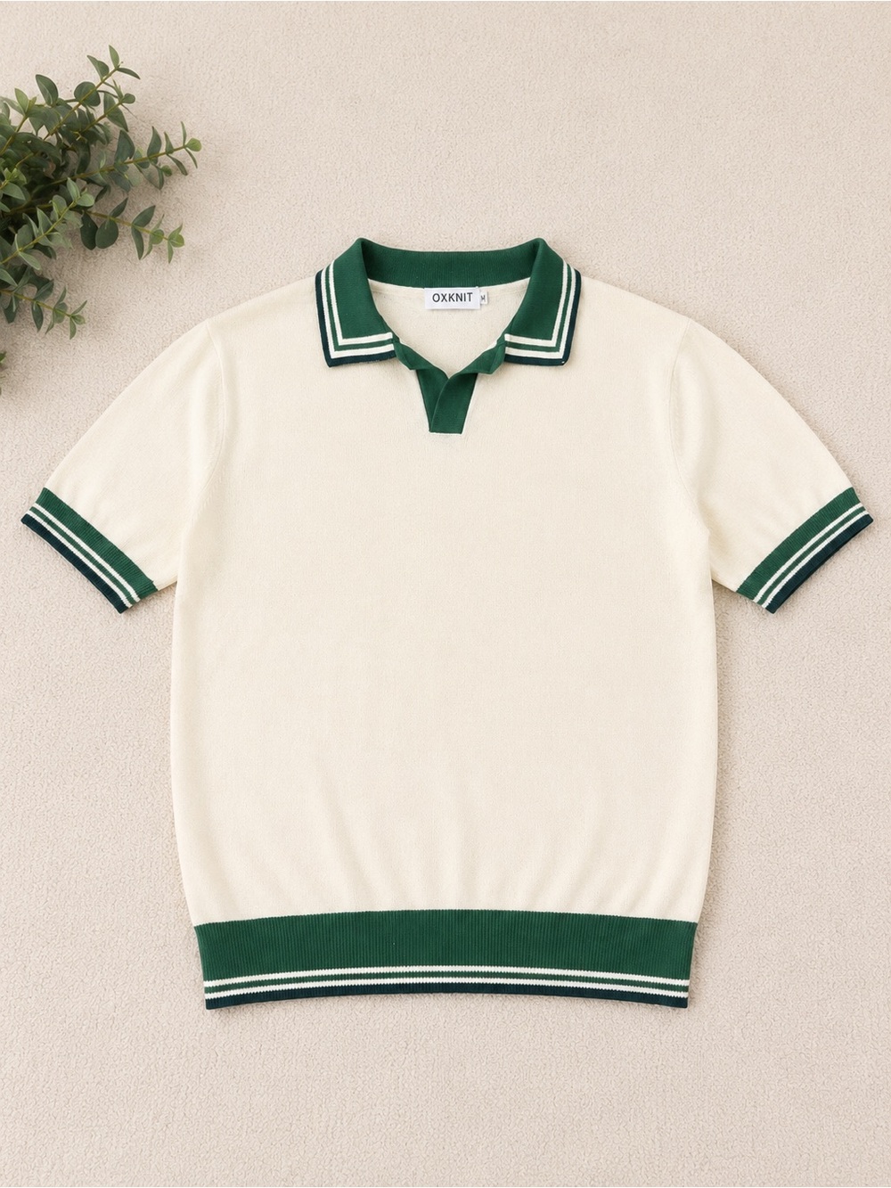 OXKNIT Cream V-Neck Polo Sweater with Green Trim